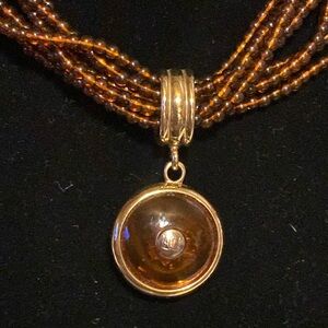 Gold Tone Brown Multi Strand Beaded Necklace Statement Pendant 10”